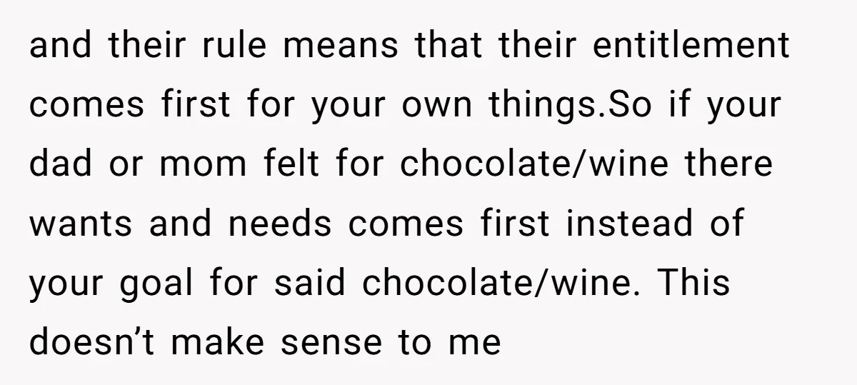 and their rule means that their entitlement comes first for your own things.So if your dad or mom felt for chocolate/wine there wants and needs comes first instead of your...