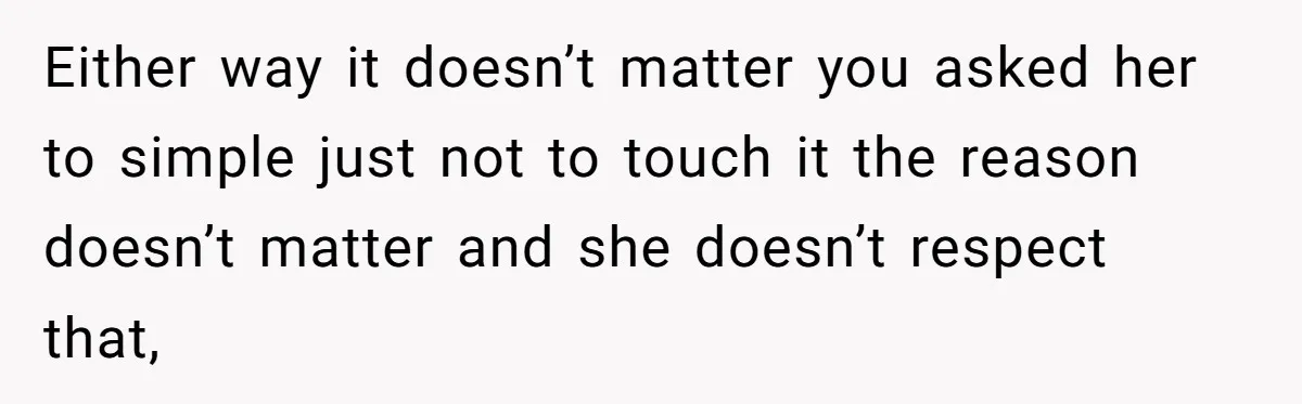 Either way it doesn’t matter you asked her to simple just not to touch it the reason doesn’t matter and she doesn’t respect that,