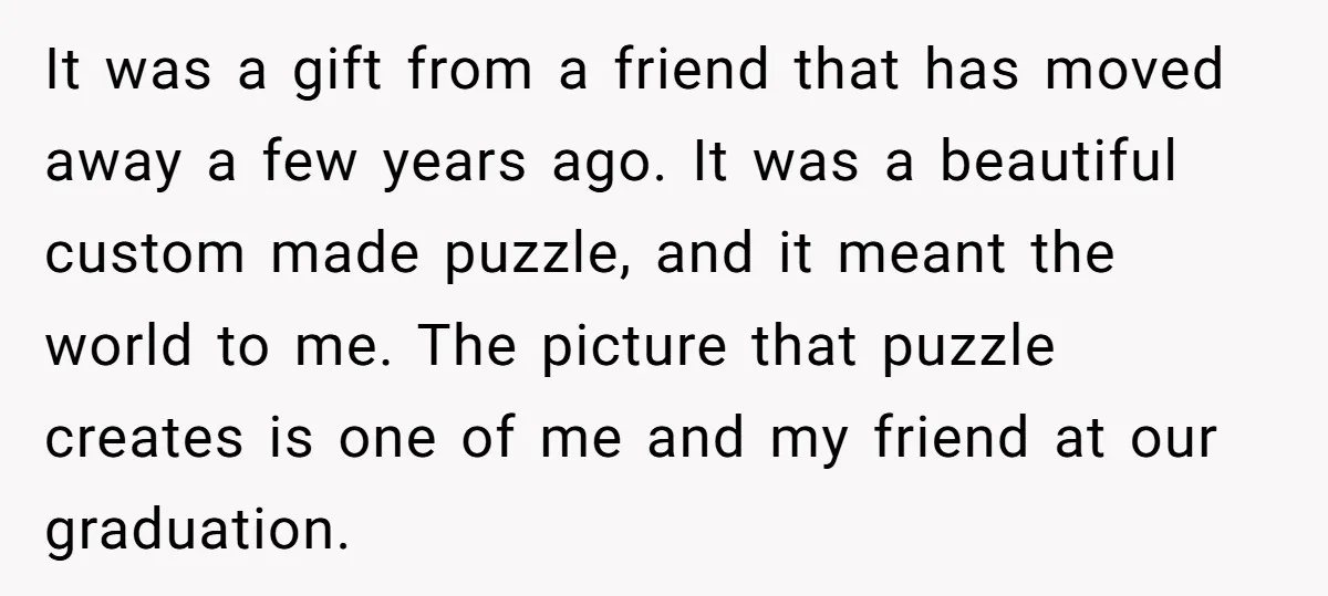 It was a gift from a friend that has moved away a few years ago. It was a beautiful custom made puzzle, and it meant the world to me. The...