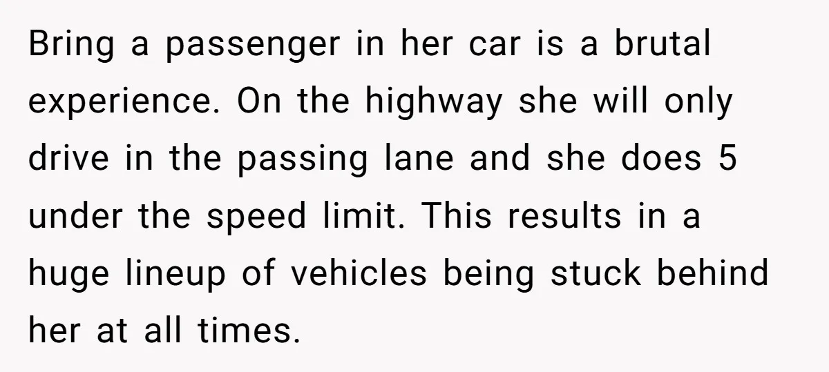 Bring a passenger in her car is a brutal experience. On the highway she will only drive in the passing lane and she does 5 under the speed limit. This...