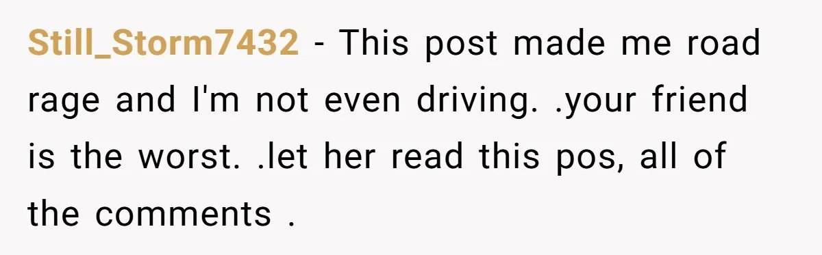 Still_Storm7432 − This post made me road rage and I'm not even driving. .your friend is the worst. .let her read this pos, all of the comments .