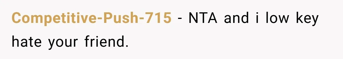 Competitive-Push-715 − NTA and i low key hate your friend.
