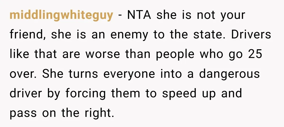 middlingwhiteguy − NTA she is not your friend, she is an enemy to the state. Drivers like that are worse than people who go 25 over. She turns everyone into...