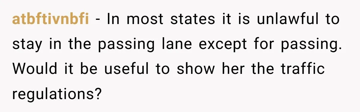 atbftivnbfi − In most states it is unlawful to stay in the passing lane except for passing. Would it be useful to show her the traffic regulations?