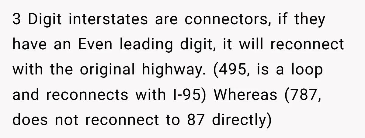 3 Digit interstates are connectors, if they have an Even leading digit, it will reconnect with the original highway. (495, is a loop and reconnects with I-95) Whereas (787, does...