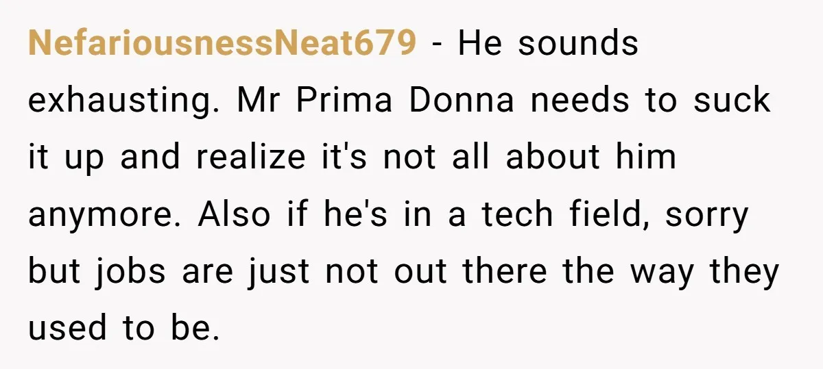 NefariousnessNeat679 − He sounds exhausting. Mr Prima Donna needs to suck it up and realize it's not all about him anymore. Also if he's in a tech field, sorry but...