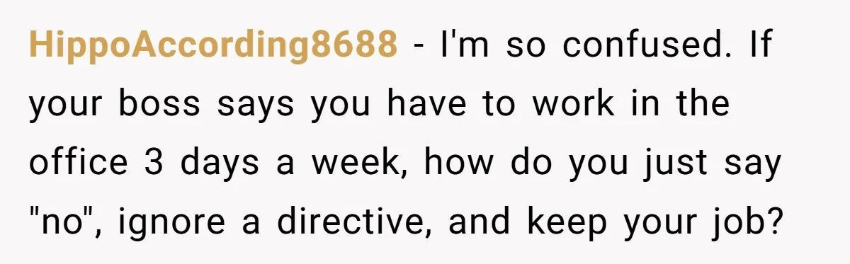 HippoAccording8688 − I'm so confused. If your boss says you have to work in the office 3 days a week, how do you just say "no", ignore a directive, and...