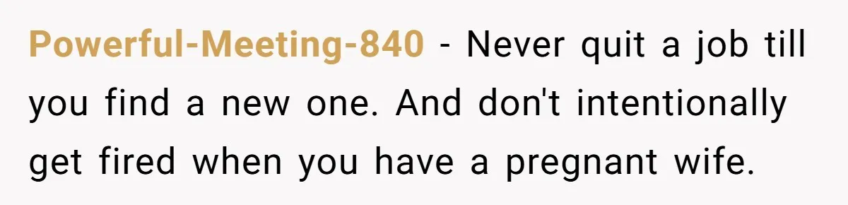Powerful-Meeting-840 − Never quit a job till you find a new one. And don't intentionally get fired when you have a pregnant wife.