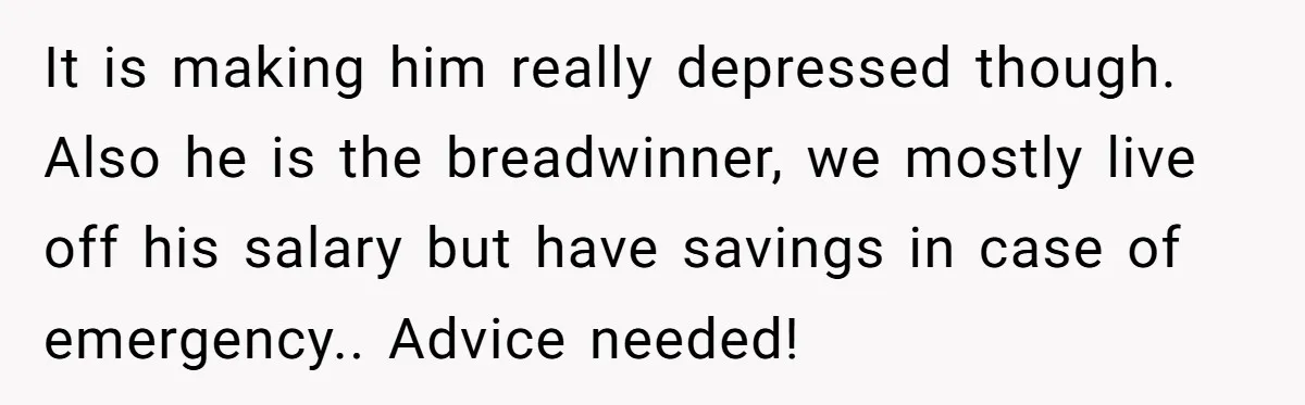 It is making him really depressed though. Also he is the breadwinner, we mostly live off his salary but have savings in case of emergency.. Advice needed!