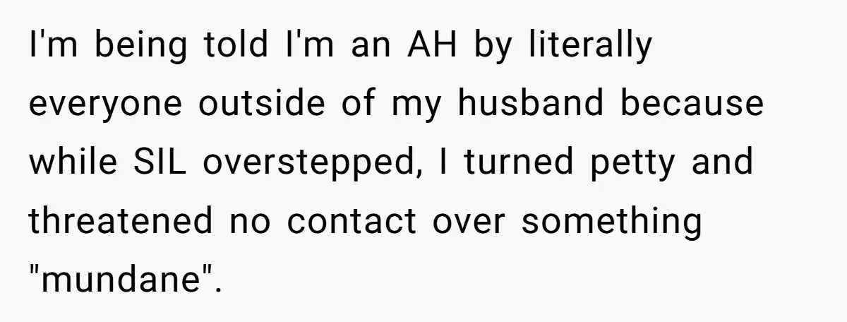 I'm being told I'm an AH by literally everyone outside of my husband because while SIL overstepped, I turned petty and threatened no contact over something "mundane".