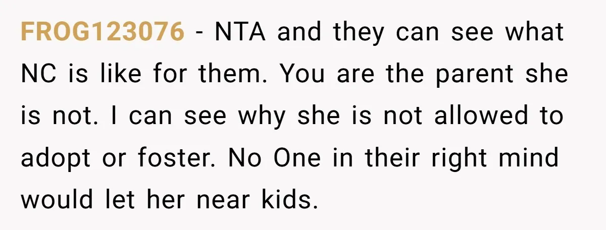 FROG123076 − NTA and they can see what NC is like for them. You are the parent she is not. I can see why she is not allowed to adopt...