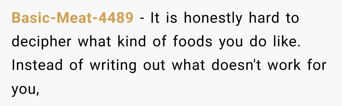 Basic-Meat-4489 − It is honestly hard to decipher what kind of foods you do like. Instead of writing out what doesn't work for you,