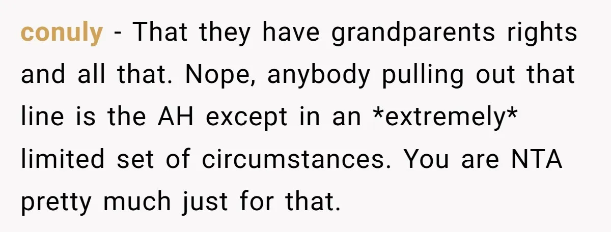 conuly − That they have grandparents rights and all that. Nope, anybody pulling out that line is the AH except in an *extremely* limited set of circumstances. You are NTA...