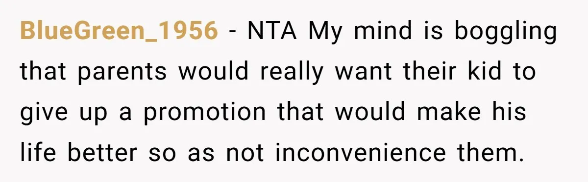 BlueGreen_1956 − NTA My mind is boggling that parents would really want their kid to give up a promotion that would make his life better so as not inconvenience them.