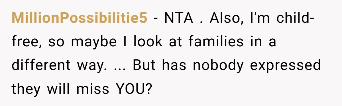 MillionPossibilitie5 − NTA . Also, I'm child-free, so maybe I look at families in a different way. ... But has nobody expressed they will miss YOU?