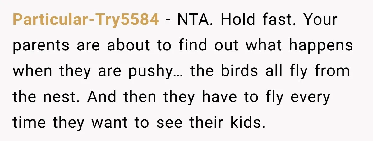 Particular-Try5584 − NTA. Hold fast. Your parents are about to find out what happens when they are pushy… the birds all fly from the nest. And then they have to...