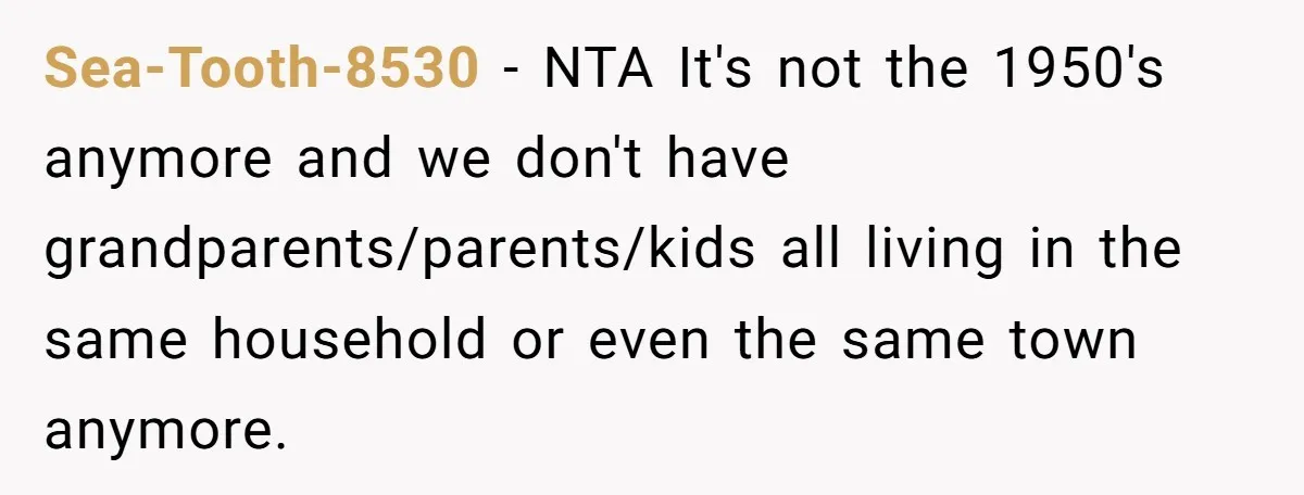 Sea-Tooth-8530 − NTA It's not the 1950's anymore and we don't have grandparents/parents/kids all living in the same household or even the same town anymore.