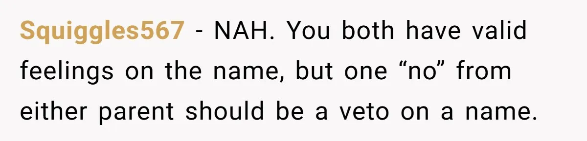 Squiggles567 − NAH. You both have valid feelings on the name, but one “no” from either parent should be a veto on a name.