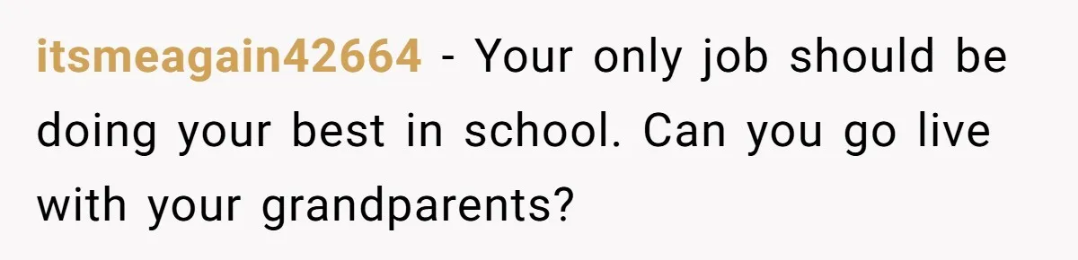 itsmeagain42664 − Your only job should be doing your best in school. Can you go live with your grandparents?