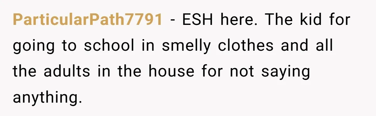ParticularPath7791 − ESH here. The kid for going to school in smelly clothes and all the adults in the house for not saying anything.