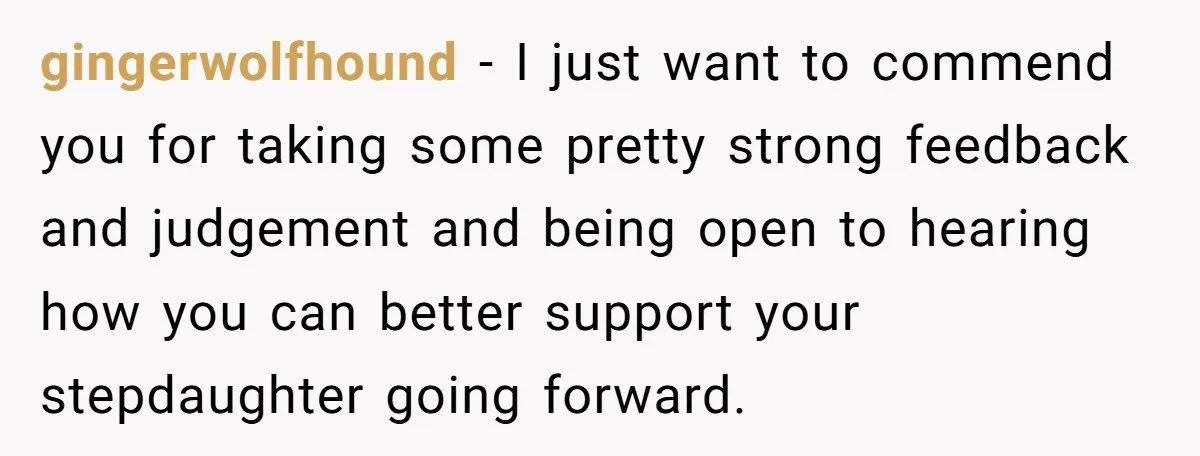 gingerwolfhound − I just want to commend you for taking some pretty strong feedback and judgement and being open to hearing how you can better support your stepdaughter going forward.