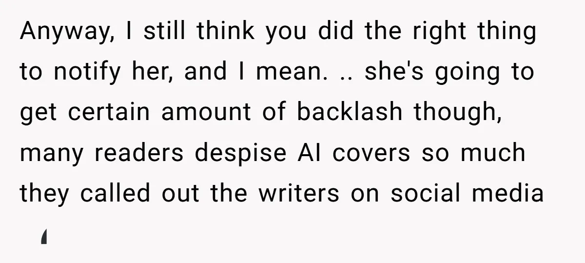 Anyway, I still think you did the right thing to notify her, and I mean. .. she's going to get certain amount of backlash though, many readers despise AI covers...