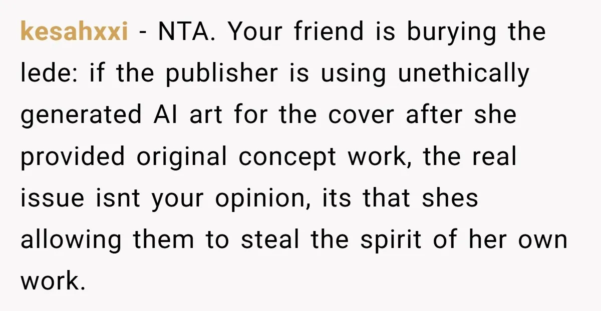 kesahxxi − NTA. Your friend is burying the lede: if the publisher is using unethically generated AI art for the cover after she provided original concept work, the real issue...