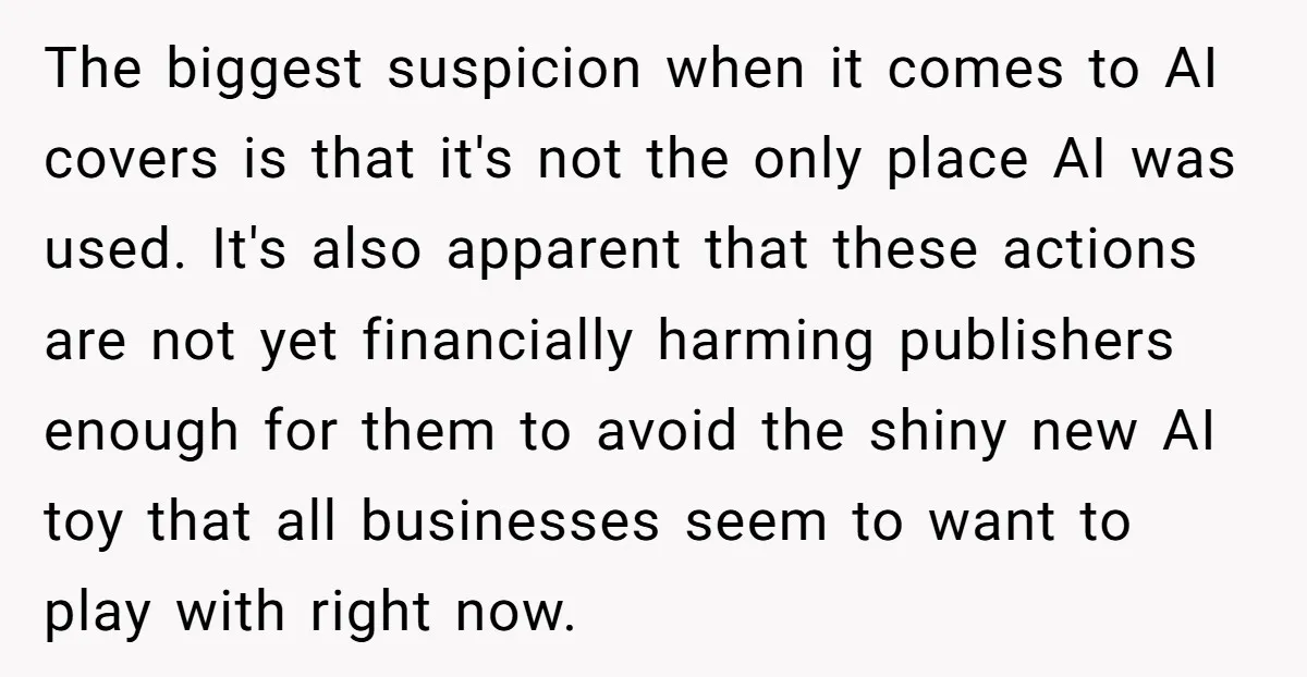 The biggest suspicion when it comes to AI covers is that it's not the only place AI was used. It's also apparent that these actions are not yet financially harming...