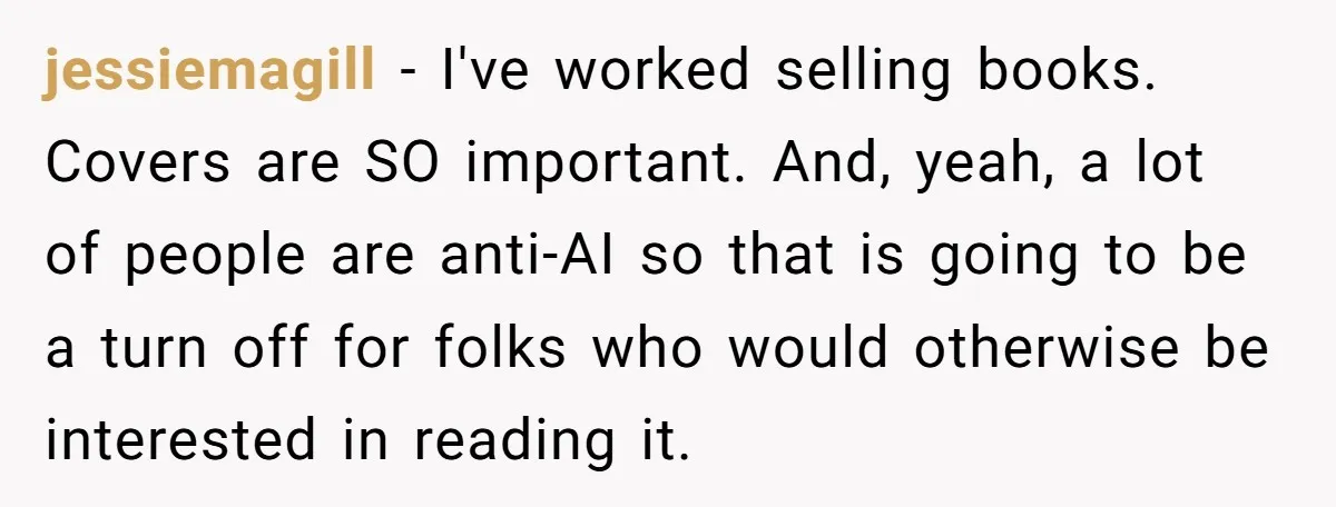 jessiemagill − I've worked selling books. Covers are SO important. And, yeah, a lot of people are anti-AI so that is going to be a turn off for folks who...