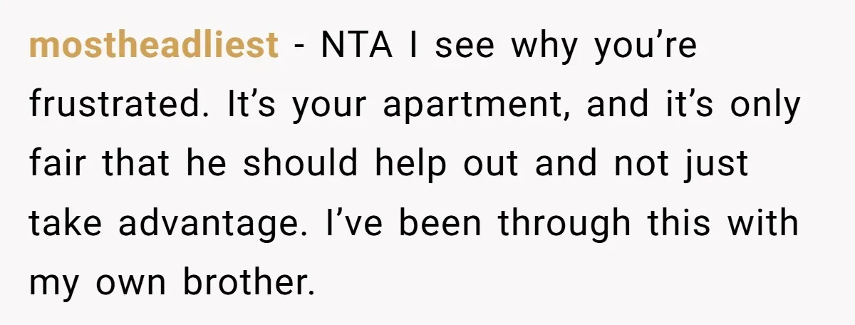 mostheadliest − NTA I see why you’re frustrated. It’s your apartment, and it’s only fair that he should help out and not just take advantage. I’ve been through this with...