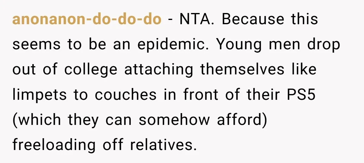 anonanon-do-do-do − NTA. Because this seems to be an epidemic. Young men drop out of college attaching themselves like limpets to couches in front of their PS5 (which they can...