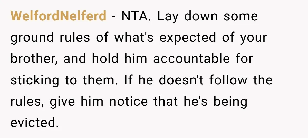 WelfordNelferd − NTA. Lay down some ground rules of what's expected of your brother, and hold him accountable for sticking to them. If he doesn't follow the rules, give him...