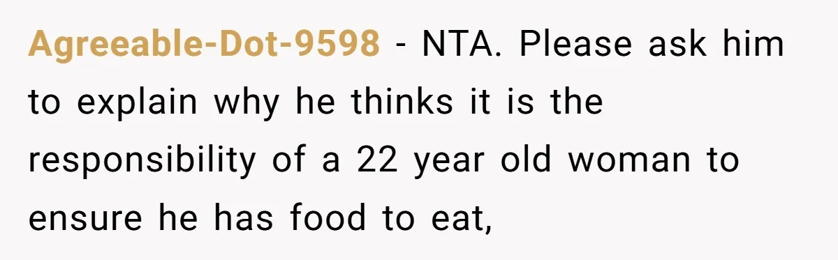 Agreeable-Dot-9598 − NTA. Please ask him to explain why he thinks it is the responsibility of a 22 year old woman to ensure he has food to eat,