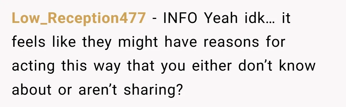 Low_Reception477 − INFO Yeah idk… it feels like they might have reasons for acting this way that you either don’t know about or aren’t sharing?