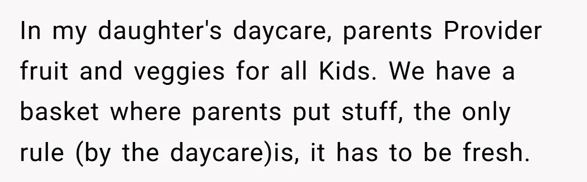 In my daughter's daycare, parents Provider fruit and veggies for all Kids. We have a basket where parents put stuff, the only rule (by the daycare)is, it has to be...