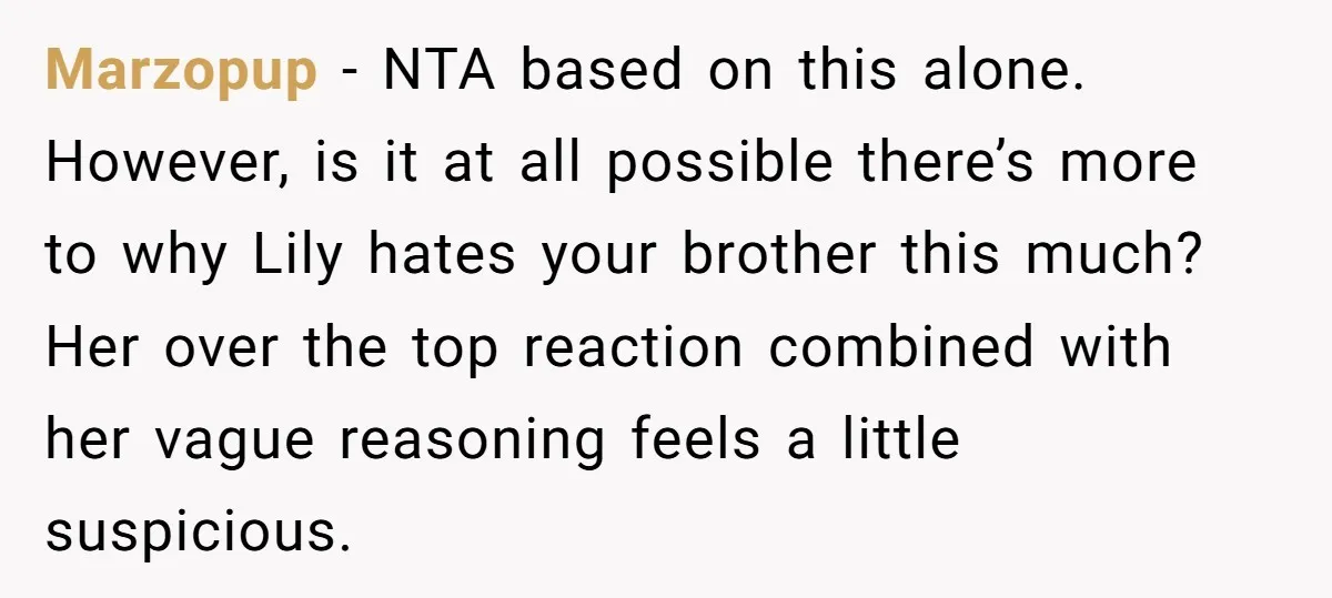 Marzopup - NTA based on this alone. However, is it at all possible there’s more to why Lily hates your brother this much? Her over the top reaction combined with...