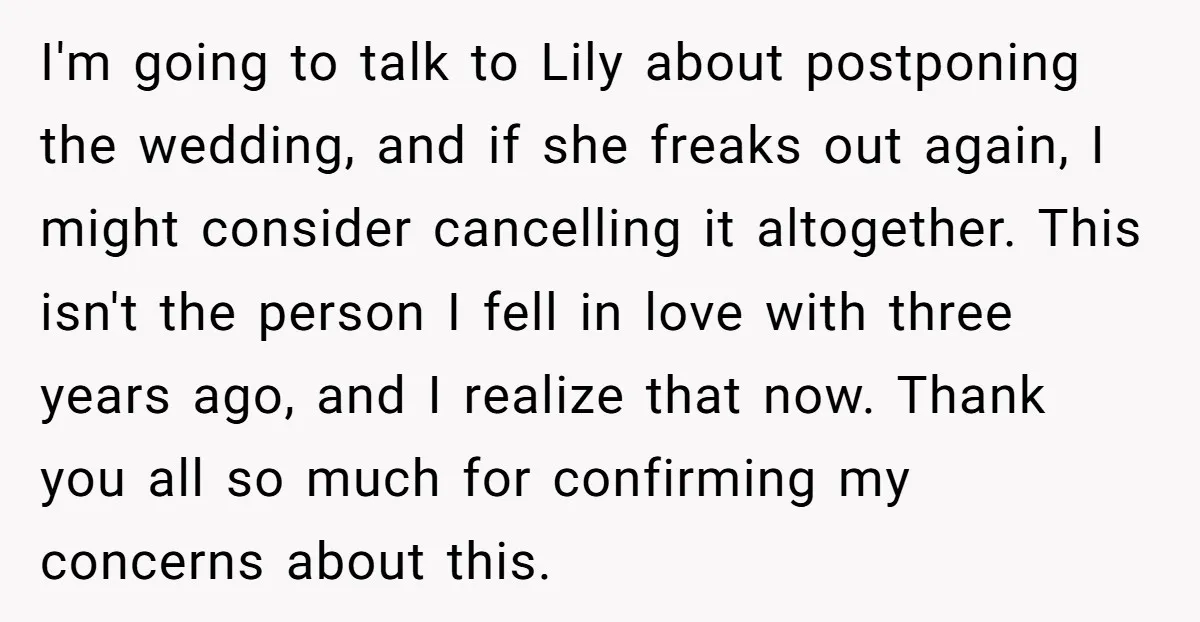 I'm going to talk to Lily about postponing the wedding, and if she freaks out again, I might consider cancelling it altogether. This isn't the person I fell in love...