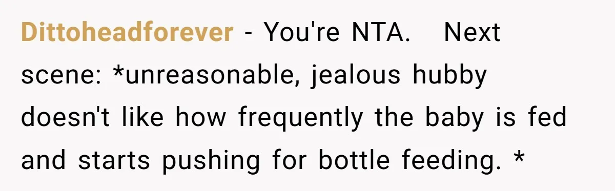 Dittoheadforever − You're NTA.   Next scene: *unreasonable, jealous hubby doesn't like how frequently the baby is fed and starts pushing for bottle feeding. *