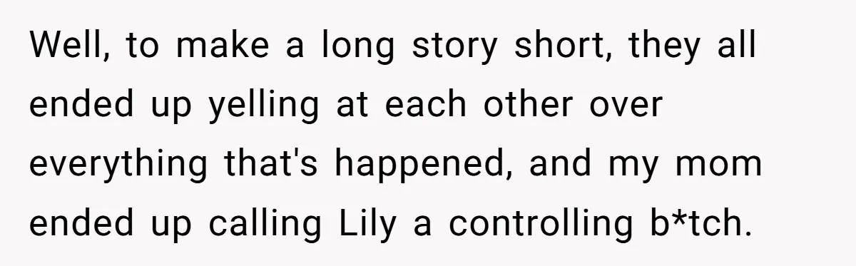 Well, to make a long story short, they all ended up yelling at each other over everything that's happened, and my mom ended up calling Lily a controlling b*tch.