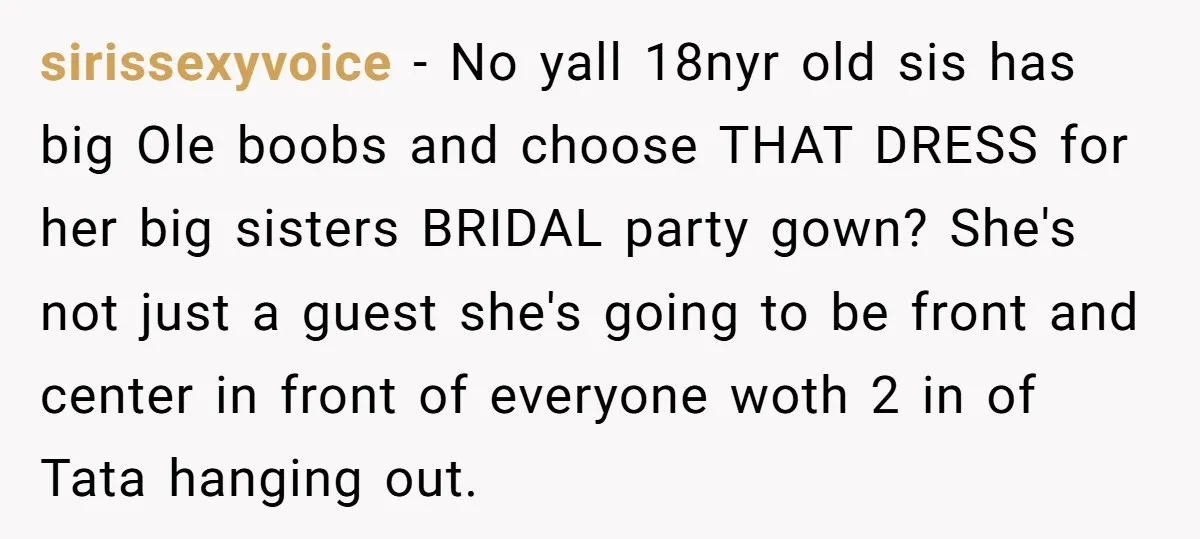 sirissexyvoice − No yall 18nyr old sis has big Ole boobs and choose THAT DRESS for her big sisters BRIDAL party gown? She's not just a guest she's going to...