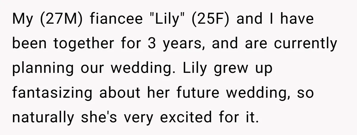 My (27M) fiancee "Lily" (25F) and I have been together for 3 years, and are currently planning our wedding. Lily grew up fantasizing about her future wedding, so naturally she's...