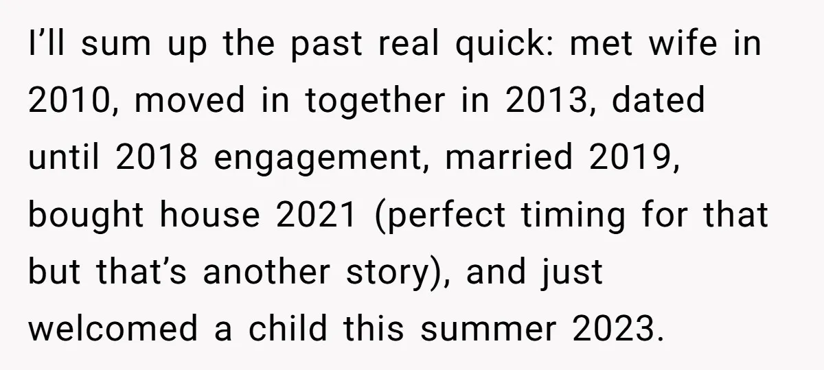 I’ll sum up the past real quick: met wife in 2010, moved in together in 2013, dated until 2018 engagement, married 2019, bought house 2021 (perfect timing for that but...