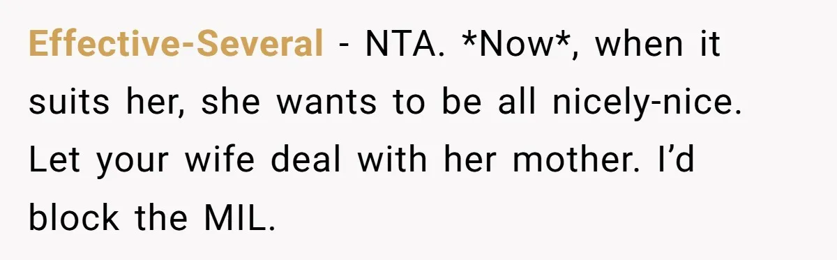 Effective-Several − NTA. *Now*, when it suits her, she wants to be all nicely-nice. Let your wife deal with her mother. I’d block the MIL.