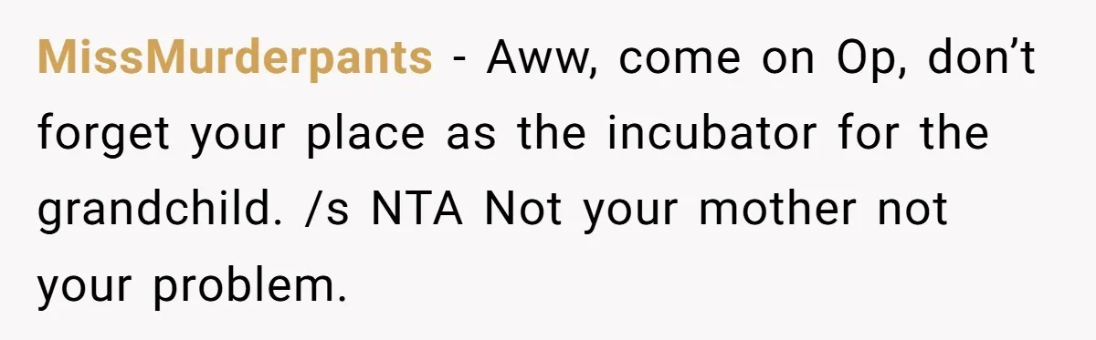 MissMurderpants − Aww, come on Op, don’t forget your place as the incubator for the grandchild. /s NTA Not your mother not your problem.