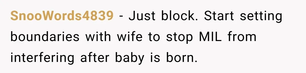 SnooWords4839 − Just block. Start setting boundaries with wife to stop MIL from interfering after baby is born.