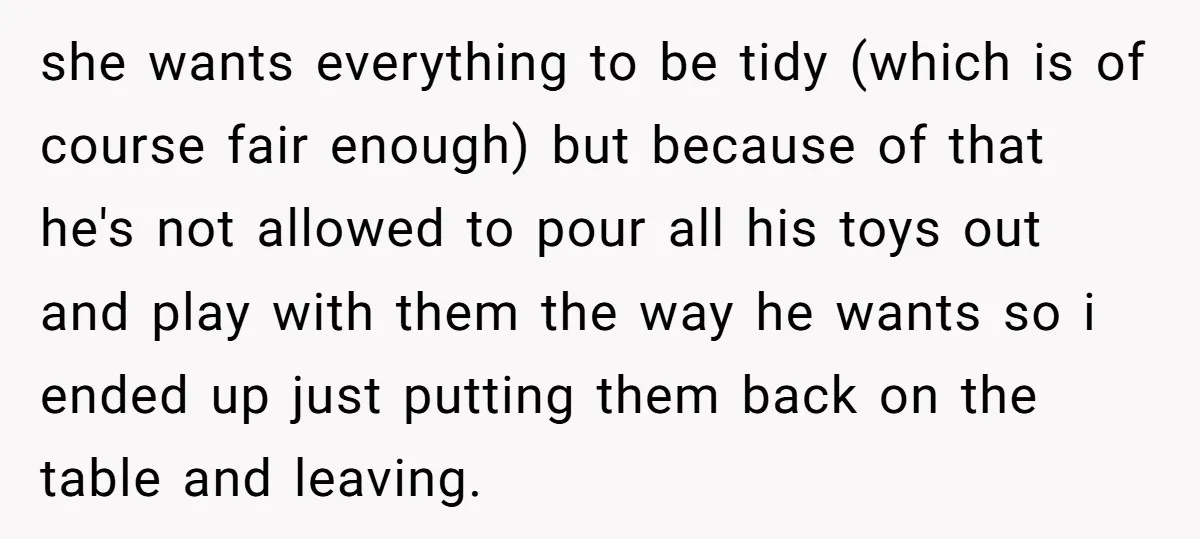 she wants everything to be tidy (which is of course fair enough) but because of that he's not allowed to pour all his toys out and play with them the...