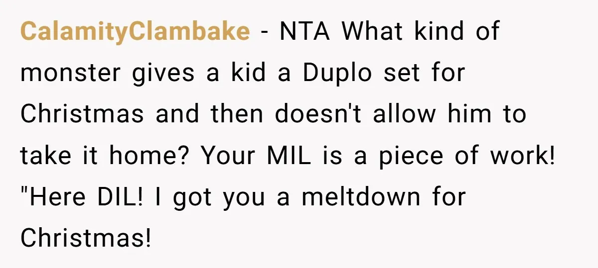 CalamityClambake − NTA What kind of monster gives a kid a Duplo set for Christmas and then doesn't allow him to take it home? Your MIL is a piece of...