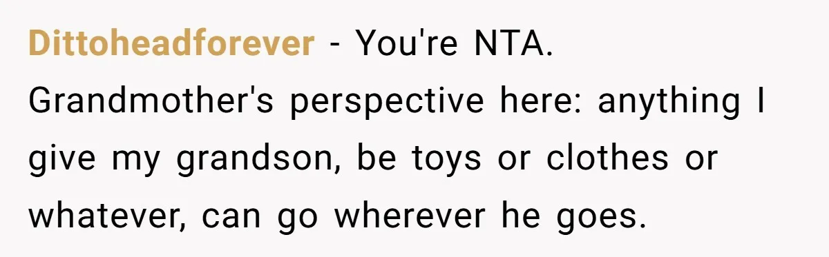 Dittoheadforever − You're NTA. Grandmother's perspective here: anything I give my grandson, be toys or clothes or whatever, can go wherever he goes.
