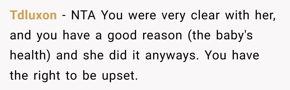 Tdluxon - NTA You were very clear with her, and you have a good reason (the baby's health) and she did it anyways. You have the right to be upset.