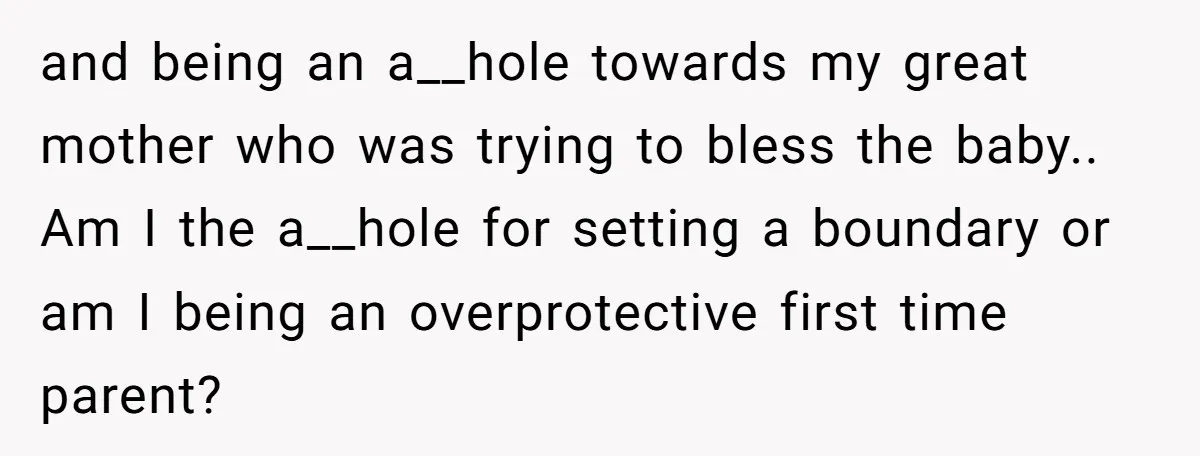 and being an a__hole towards my great mother who was trying to bless the baby.. Am I the a__hole for setting a boundary or am I being an overprotective first...